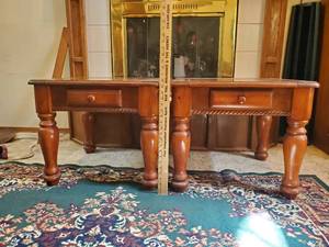lot 3588 image: Matching pair of wooden endtables wdrawer 20 H X 23 W X 35 D