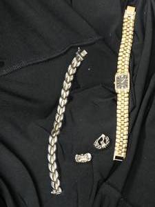 lot 37365 image: Precious Metal Jewelry Lot - Sterling Silver Braceler & Earrings - Elgin Gold Alloy Watch with Small Diamonds