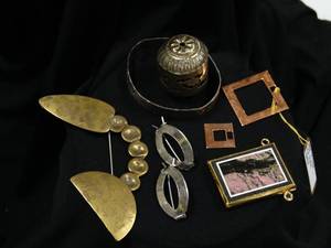 lot 37357 image: Precious Metal Jewelry Collection - Copper Necklace Pendants, Handcrafted Brass Pin, Vintage Barrettes, & More