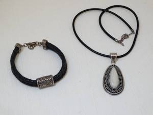 lot 37255 image: Sterling Pendant w Mother of Pearl w Leather Necklace and Elegant Bracelet