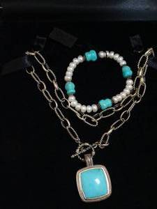 lot 37258 image: Sterling Pendant w Turquoise and Honora Fresh Water Pearl and Turquoise Bracelet