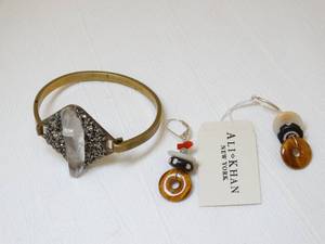 lot 37259 image: Dea Dia Jewelry  Raw Pyrite and Crystal Brass Bracelet and Ali Khan Earrings