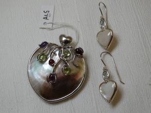 lot 37262 image: Beautiful Sajen Colorful Multi Crystal and Mother of Pearl Pendant and Earrings