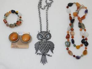 lot 37273 image: Matching Colorful Stone Necklace and Bracelet  Earrings and Misc Owl Necklace