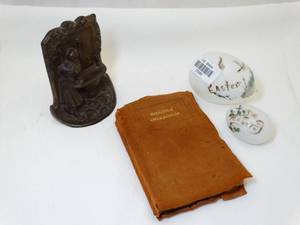 lot 37283 image: Brass Bookend  Glass Eggs  Old Book