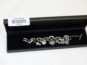 lot 37299 image: Sterling Silver Charm Bracelet - Ornate Carvings, Cross Charms, Color Gemstones
