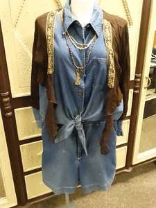 lot 37383 image: Womens Denim Tie Shirt with Shorts and Brown Shawl with Beautiful Accent Jewelry Pieces