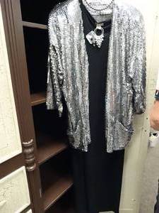 lot 37389 image: Silver Sequin Jacket with Ann Taylor Medium Black Dress and Accent Jewelry Pieces