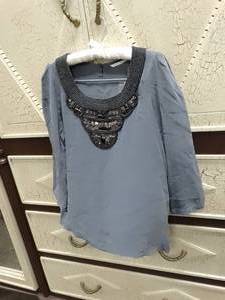 lot 37396 image: Blue Silk Blouse with Beaded Collar - New with Tags - Boutique Designer - size 10