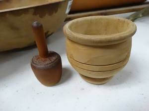 lot 37402 image: Primitive Kitchen Items - Carved Wood Pestle Bowl, Antique Butter Press & Small-size Pottery signed by artist