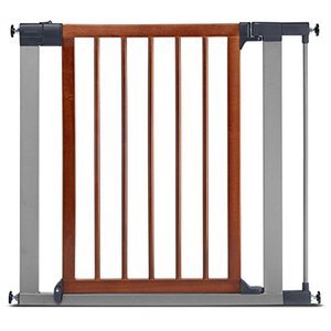 lot 12462 image: Munchkin Wood & Steel Pressure Mounted Baby Gate for Stairs, Hallways and Doors, Walk Through with Door, WoodLight Silver Metal