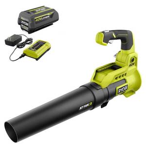 lot 12540 image: RYOBI 40V 110 MPH 525 CFM Cordless Battery Variable-Speed Jet Fan Leaf Blower with 4.0 Ah Battery and Charger 140.00
