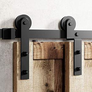 lot 12685 image: Homacer Black Rustic Single Track Bypass Sliding Barn Door Hardware Kit, for TwoDouble Doors, 4.5ft Long Flat Track, Straight Design Roller, for Interior & Exterior Use (1 Flat  1 Bent Roller Set)