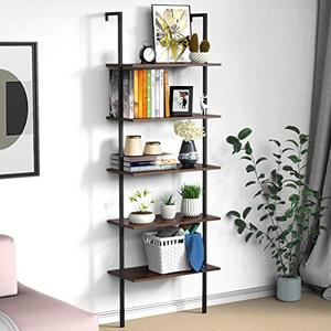 lot 12691 image: Ladder Shelf Bookshelf, 5-Tier Wall-Mounted Industrial Ladder Bookcase, Open Wood Storage Organizer with Metal Frame, Utility Rack Plant Stand for Living Room, Kitchen, Office (Dark Walnut)