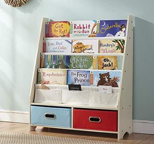 lot 12700 image: SEIRIONE Kids Book Rack, 4 Sling Bookshelf, 2 Storage Boxes and Toys Organizer Shelves, Beige