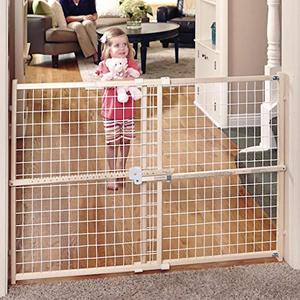 lot 12721 image: Toddleroo by North States 50 wide Quick Fit Wire Mesh Baby Gate hassle free ratchet system for quick custom fit. Pressure mount. Fits 29.5- 50 wide (32 tall, Sustainable Hardwood)