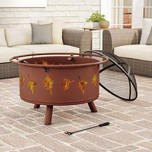 lot 12722 image: Pure Garden 50-LG1201 Round Large Steel Bowl with Leaf Cutouts, Mesh Spark Screen, Log Poker & Storage Cover 32�� Outdoor Deep Fire Pit, Brown