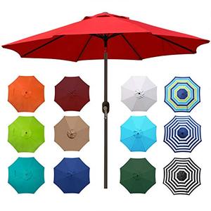 lot 12742 image: Blissun 9ft Patio Umbrella, Manual Push Button Tilt and Crank Garden Parasol (Red)