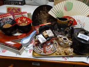 lot 37154 image: Asian Trays filled with Items from Japan & China - Several Beautiful Fans - Mini Tea Service - Colorful Plates - Boxes - and Little Treasures