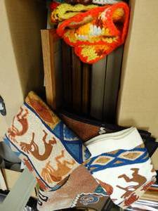 lot 37147 image: Kokopelli Hand-towels & Placemats with picture frames & handmade pot holders
