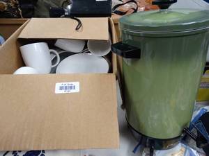 lot 37143 image: Vintage Green Metal Coffee  Drink Dispenser & Set of White Threshold Dishes