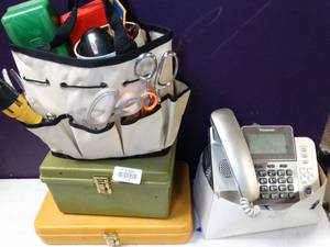 lot 37008 image: Vintage & New Sewing  Crafting Items - Scissors, Tools, Presser Foots, Thread & Storage Boxes Full of Goodies  Telephone