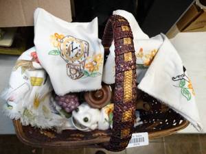 lot 37018 image: Basket of Embroidered Napkins, Frog Mouth Scrubber Holder, Small Crock and Occupied Japan Honeypot