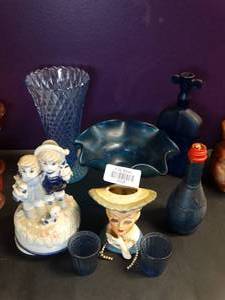 lot 37025 image: Blue Hue  Decorative Collectable Items  Lady Head Planter  Shot Glass Pair  Vases  Bottles