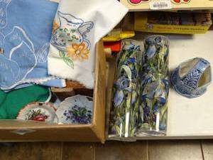 lot 37030 image: Shades of Blue - Vintage Embroidered Linens  Small Table Covering & Decorative Small Ceramic Basket - Plus Mini Porcelain Plates & a Set of Plastic Drinking Cups with Iris Flowers