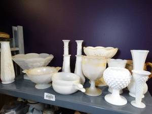 lot 37035 image: Lot of White Milk Glass  Vases  Goblets  Bowls  Etc