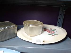 lot 37040 image: Floral Platter and 2 Square Lidded Old Glass Containers