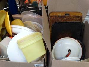 lot 37056 image: Enameled Pot Lids and Misc Kitchen Storage