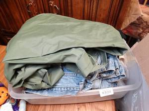 lot 37170 image: Mens Outdoor Gear & Jeans - Rain Bibs & Jacket - Long Underwear Sets - Pair of Cold Weather Socks & Jeans 42x32