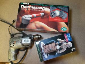 lot 37185 image: Thermassage Handheld Massager (NIB) and Old Drill and Mr. Fix It Figurine