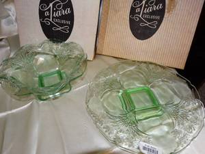 lot 37078 image: Green Glass by Tiara - 2 larger vintage pieces with boxes - footed bowl and platter
