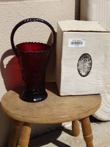 lot 37193 image: Red Tiara Glass Vase Basket with Top Handle - Vintage with Box