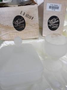 lot 37192 image: Frosted White Tiara Glass Honeybee Box with Lid & Goblet - with Boxes