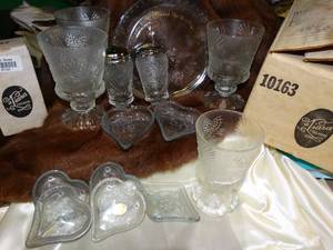 lot 37189 image: Vintage Tiara Clear Glass Collection - Drinking Glasses- Large Liberty Plate - S & P Shakers and More - With Original Boxes