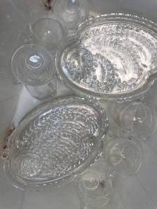 lot 37168 image: Vintage Decorative Clear Glass Luncheon  Party Set - Plates with Coffee  Tea  Punch Cups