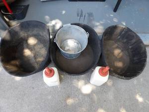 lot 1406 image: 3-Rubber Buckets, Calf Bottles, Feeder, Milk Bucket