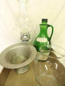 lot 1414 image: Oil Lamp, Wine Bottle, Metal Planter, Clear Vase