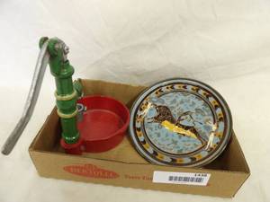 lot 1438 image: Metal Pitcher Pump and Enamal Plate Decor