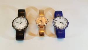 lot 24145 image: 3 Womens Easy Read Watches With Stretch Bands