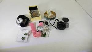 lot 24189 image: Four Leaf Clover Necklace Set St. Patricks Day Green Four Leaf Clovers Necklace Earring Set & Handmade dragonfly cuff & 2 Talking Watches and Womens Waterprrof Bloodpressure Bracelet & Handmade Mermaids Call Spiral Earrings