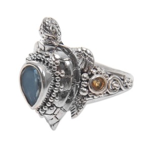 lot 24137 image: Handmade Sterling Silver Sea Turtle Enchantment Multi-gemstone Ring (Made in Indonesia) - turquoise Size 8