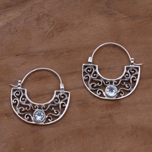 lot 24154 image: Handmade Sterling Silver Blue Jasmine Blue Topaz Hoop Earrings (Indonesia)