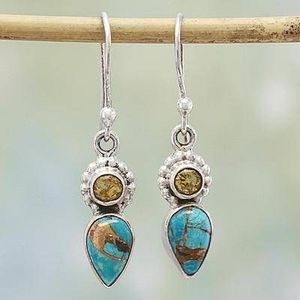 lot 24158 image: Handmade Sterling Silver Watery Allure Citrine Turquoise Earrings (India)