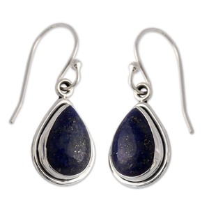 lot 24162 image: Handmade Sterling Silver Blue Teardrop Lapis Lazuli Hook Earrings (India)