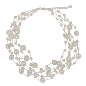 lot 24165 image: Handmade Stainless Steel Freshwater Pearl Ivory Fishnet Beaded Necklace (4 mm and 10 mm) (Thailand)