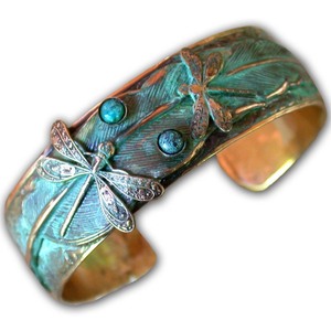 lot 24170 image: Pair of Handmade Turquoise Patina Dragonflies-on-Feather Cuff- Retail$103.99